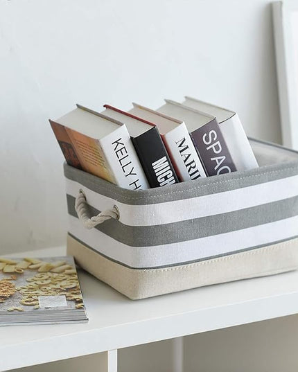 TheWarmHome Storage Basket Fabric Basket with Handles Dog Toy Basket Cloth Storage Bin Shelf Basket Decorative Storage Basket Shoe Basket Gift Basket(Grey&White Stripes-1 Pack,15.7L×11.8W×8.3H)