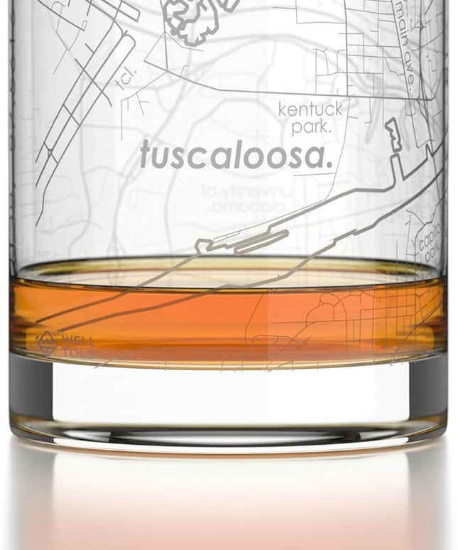 Well Told Engraved Tuscaloosa Alabama Map Rocks Glass, Old Fashioned Glassware (11 oz, Clear) Etched Bourbon Tumbler, Gifts For Whiskey Lovers