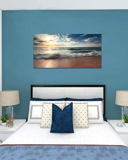 Ocean Beach Pictures Canvas Wall Art Decor for Living Room Paintings Bedroom Home Decorations Modern Stretched and Framed Seascape Waves Landscape Canvas Prints Artwork (24inchx48inch, Beach1)