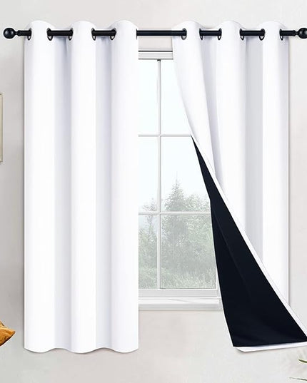 Yakamok Full Blackout Curtains 63 Inches Long,Blackout Curtain Panels for Bedroom, 2 Thick Layers Grommet Top Thermal Insulated Drapes with Black Liner for Living Room(42Wx63L, Pure White, 2 Panels)