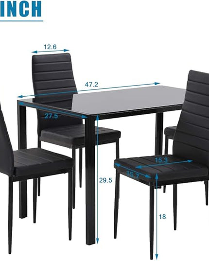 FDW | 5-Piece Dining Table Set | Black | Glass Kitchen Table with 4 Upholstered Chairs and Faux Leather Cushions | Space-Saving and Modern Design | for Dining Room, Easy to Assemble