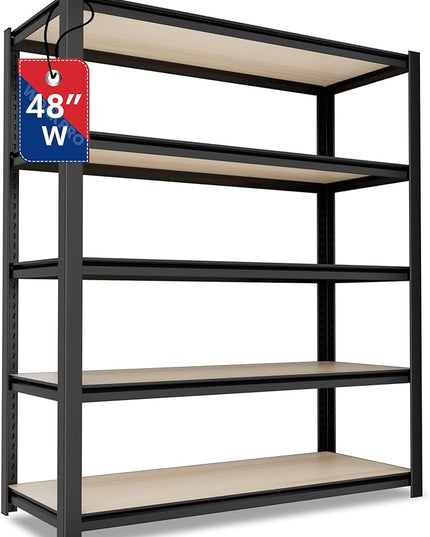 WORKPRO House 5-Tier Shelving Unit, Adjustable Heavy Duty Storage Shelves, Wood Grain Pattern, Waterproof Board, 3000lbs Boltless Shelving for Kitchen, Living Room, Garage, 48"W x 24"D x 72"H, Black