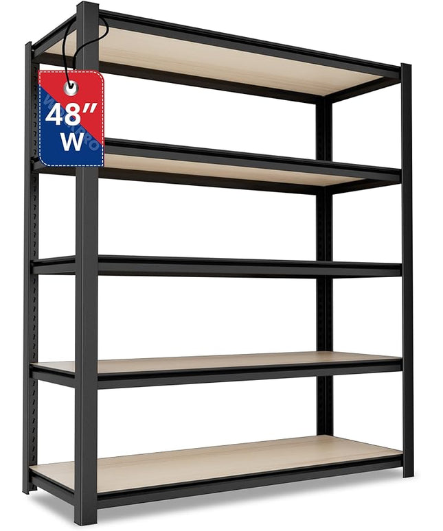 WORKPRO House 5-Tier Shelving Unit, Adjustable Heavy Duty Storage Shelves, Wood Grain Pattern, Waterproof Board, 3000lbs Boltless Shelving for Kitchen, Living Room, Garage, 48"W x 24"D x 72"H, Black