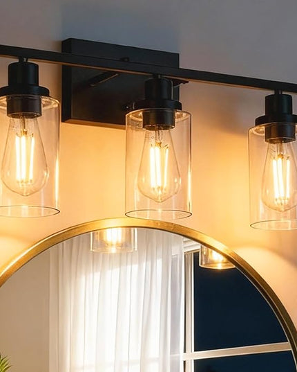 MELUCEE Bathroom Vanity Light Fixtures 24 Inches Length 3 Lights Wall Sconce Black with Clear Glass Shade for Bedroom Living Room Hallway Kitchen (Patent No.: US D963914 S)
