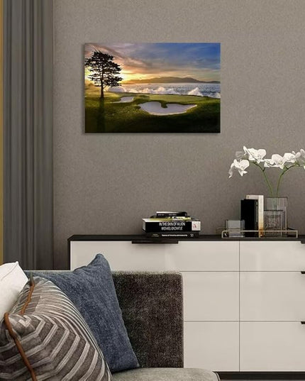 chenchenArt Pebble Beach Golf Course Wall Art Pictures Golf Course Poster Canvas Prints Golf Artwork Wall Decor for Living Room Bedroom Bathroom Home Decorations Framed Ready to Hang(12''H x 16''W)