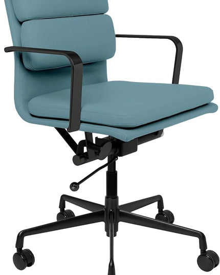 Laura Davidson Furniture SOHO II Padded Management Office Chair - Mid Back Desk Chair with Arm Rest, Swivel & Cushion Availability, Made of Faux Leather, Coastal Blue with Black Frame, Computer Chair