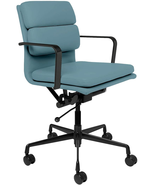 Laura Davidson Furniture SOHO II Padded Management Office Chair - Mid Back Desk Chair with Arm Rest, Swivel & Cushion Availability, Made of Faux Leather, Coastal Blue with Black Frame, Computer Chair