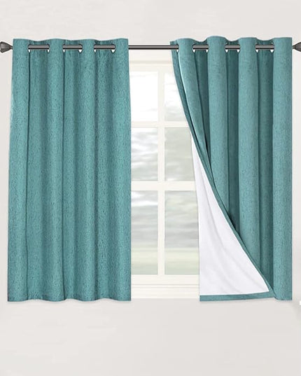 H.VERSAILTEX Linen Blackout Curtains 45 Inches Long 100% Absolutely Blackout Thermal Insulated Textured Linen Look Curtain Draperies Anti-Rust Grommet, Energy Saving with White Liner, 2 Panels, Teal