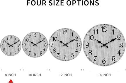 HYLANDA Wall Clock, Rustic Wall Clocks Battery Operated Silent Non Ticking, Country Round Wooden Clocks Farmhous Wall Decorative for Kitchen, Bathroom, Living Room (Gray 8 Inch)