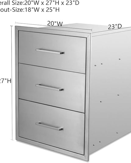 20" W x 27" H x 23" D Stainless Steel Outdoor Kitchen Drawers BBQ Drawers Triple Access Drawers Flush Mount for Outdoor Kitchens Or BBQ Island