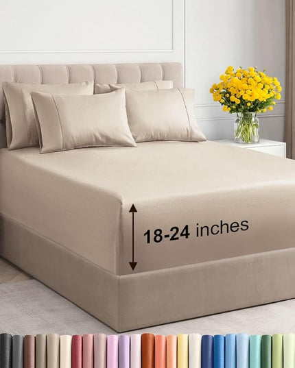 Extra Deep King Sheet Set - 6 Piece Breathable and Cooling Sheets - Hotel Luxury Bed Sheets Set - Easy & Secure Fit - Soft, Wrinkle Free and Comfy Sheets Set - Wheat Sheet Set with Extra Deep Pockets