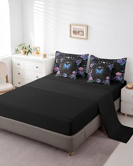 Feelyou Boys Girls Blue Moth 7 Pieces Bedding Sets King Size, Boho Aesthetic Bed in A Bag Star Moon Comforter Set with Sheets Kids Flower Teens Bed Set Room Decor
