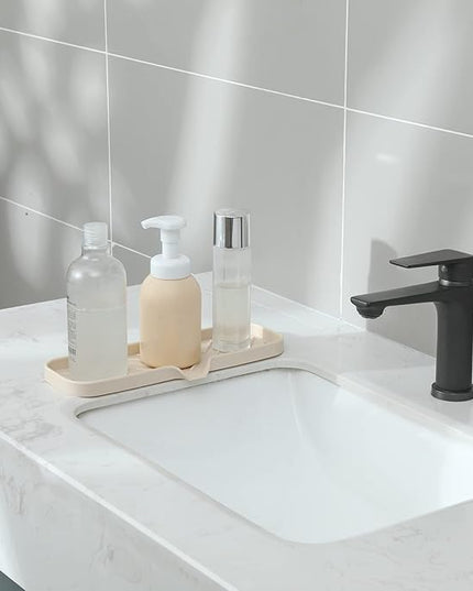 Silicone Bathroom Soap Dishes with Drain Spout-Bathroom and Kitchen Sink Organizer,Sponge Holder,Dish Soap Tray,Perfect for Dispenser,Scrubber,Bottle,Cup on Sink or Counter-Tapioca 12"×4"