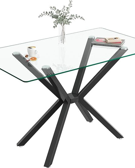 47.24" Rectangular Glass Dining Table Modern Kitchen Glass Top Table for 4 with Black Metal Legs, Clear Dining Table Kitchen Table for Home Office Dining Room