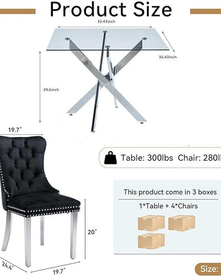 Glass Dining Table Set for 4, Square 36" Dining Table with Silver Cross Metal Leg, 4 Black Velvet Dining Chairs with Stainless Steel Legs, Modern Glass Kitchen Table and Chairs Set for Small Space