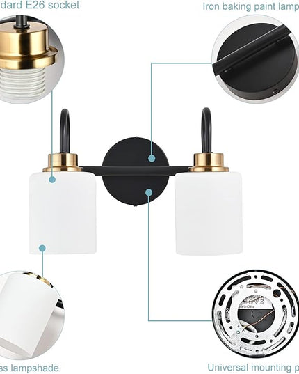 Modern Matte Black and Gold Bathroom Vanity Light Fixtures 2 Lights Milky Glass Wall Sconce Light Modern Vanity Lights Over Mirror(Exclude E26 Bulb)