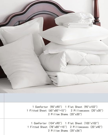 NTBAY Queen Comforter Set with Sheets, 7 Pieces Soft and Breathable Queen Bedding Set, Bed in a Bag, Down Alternative Comforter Set Solid Color All Season, Queen Bedding Set, White