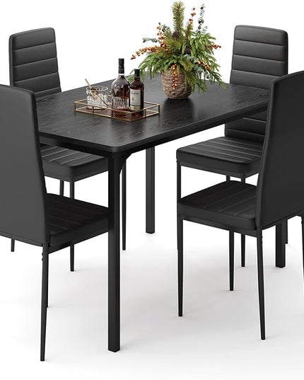 Gizoon Dining Table Set for 4, Kitchen Table Chairs Set of 4, 5 Piece Kitchen Table Set with 4 Upholstered PU Leather Chairs for Dining Room, Living Room, Apartment, Small Space, Black