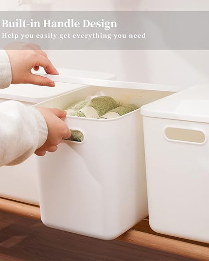 Plastic Storage Baskets Bins Boxes With Lids,Organizing Container White Storage Organizer Bins For Shelves Drawers Desktop Playroom Classroom Office,4-Pack