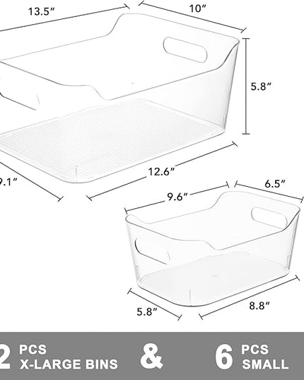 Tiawudi Set of 8 Clear Plastic Storage Bins, 2 Extra Large and 6 Small Storage Containers for Pantry Organization, Multi-Use Organizer Bins for Home, Kitchen, Cabinet, Bathroom, Fridge & Freezer