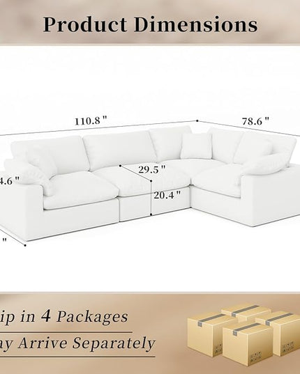 Modular Sectional Sofa Cloud Couch,Down Filled Comfy Cloud Modern Sofa,White Linen Oversized Couch Cushion Covers Removable for Living Room