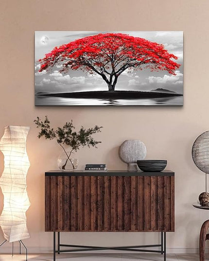 Wapluam Large Canvas Prints Wall Art For Living Room Bedroom Wall Decor Red Tree Landscape Painting Black And White Pictures To Hang Modern Home Decorations For Office Stretched And Framed Artworks