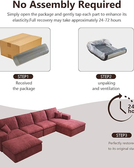 136.6'' U-Shaped Modern Modular Sectional Cloud Couch Whit Ottoman, 4-Seat Chenille Deep-Seat Sofa with Pillow for Living Room, Bedroom, Apartment, Wine Red
