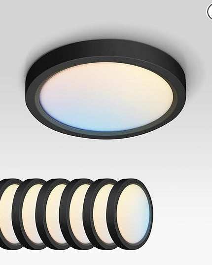 ASD LED 7" Round Flush Mount Ceiling Light Fixture, Low Profile Surface Lighting | 5CCT, Dimmable, Ultra-Thin, ETL Listed | 15W 1260LM 2700-6000K 120V | Kitchen, Bedroom, Hallway Lamp | Black, 6 Pack