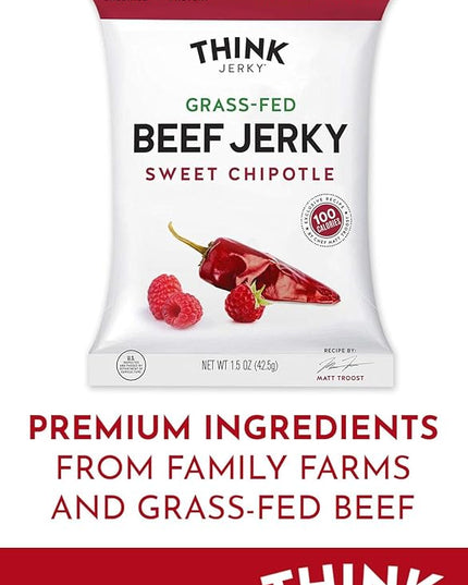 Think Jerky Sweet Chipotle Beef Jerky, Grass-Fed High Protein Beef Jerky, Gluten Free, No Antibiotics or Nitrates, Healthy Chef Crafted Recipe, Low Calorie and Low Fat - 2.2 oz Bags, 4 Pack