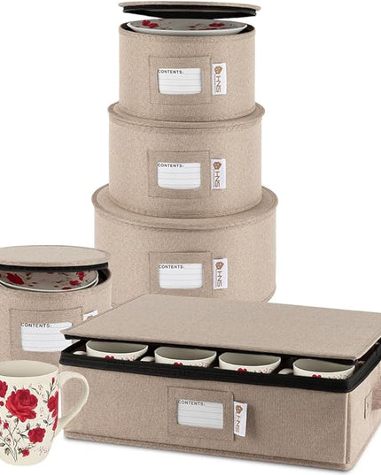Hard Shell China Storage Containers 5-Piece Set Moving Boxes for Dinnerware, Glasses, Plates, Mugs and Saucers Sturdy Dish Organizer with Dividers for Seasonal Storage - Service for 12 - Brown