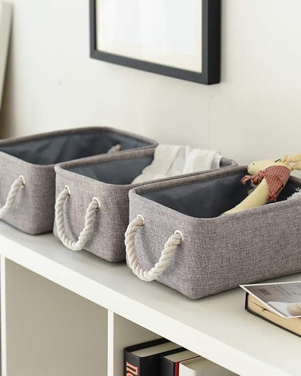 TheWarmHome Foldable Small Storage Baskets with Strong Cotton Rope Handles [6-Pack] Gray Collapsible Storage Bins Set Works Room Storage, Nursery Baskets