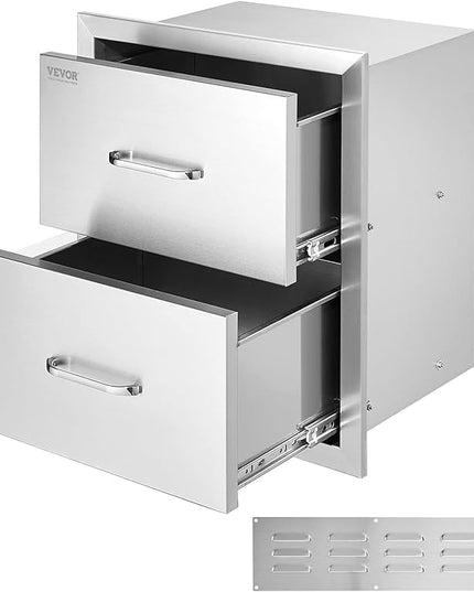 VEVOR Outdoor Kitchen Drawers, 17.8W x 20.2H x 12.2D Inch, Flush Mount Double BBQ Drawer, Stainless Steel BBQ Island with Handle, for Outdoor Kitchens or Patio Grill Station