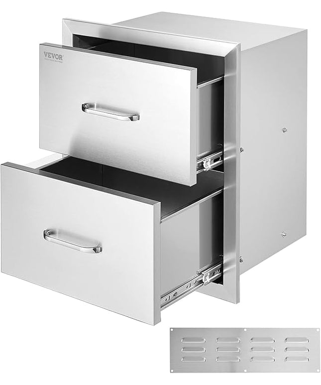 VEVOR Outdoor Kitchen Drawers, 17.8W x 20.2H x 12.2D Inch, Flush Mount Double BBQ Drawer, Stainless Steel BBQ Island with Handle, for Outdoor Kitchens or Patio Grill Station