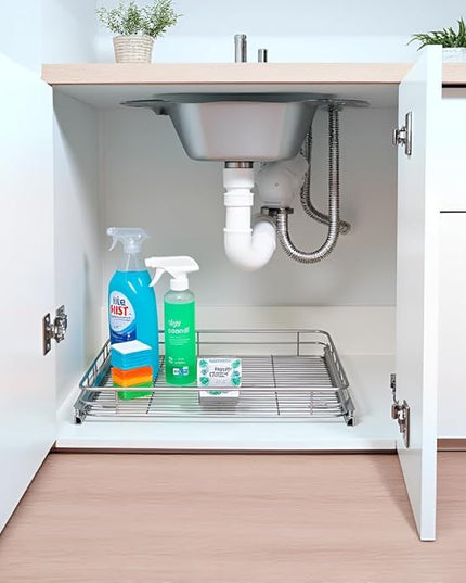 Sliding Cabinet Organizer Pull Out Shelves (11" W x 21" D), Heavy-Duty Slide Out Shelf, Steel Metal Cabinet Roll Out Shelves for Kitchen Bathroom, Chrome