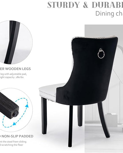 SoarFlash Leather Dining Chairs Set of 6, Tall Back Side Chair, Modern Upholstered Side Chair with Button Back Ring, Solid Wood Legs (Black&White)