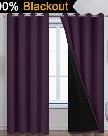 Yakamok 100% Blackout Curtains 84 Inches Long, 2 Thick Layers Heat and Full Light Blocking Soft Thermal Insulated Drapes for Bedroom(52" Wide Each Panel,Purple, 2 Panels)