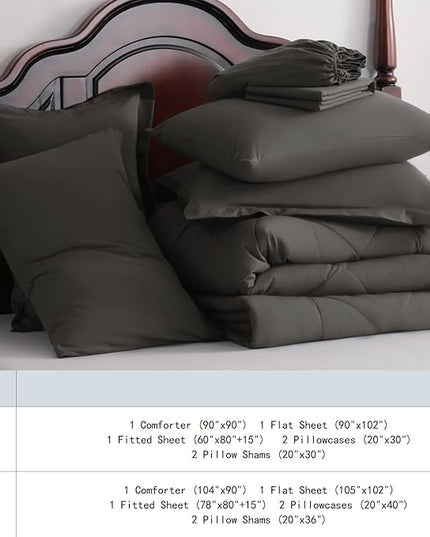 NTBAY Queen Comforter Set with Sheets, 7 Pieces Soft and Breathable Queen Bedding Set, Bed in a Bag, Down Alternative Comforter Set Solid Color All Season, Queen Bedding Set, Dark Grey