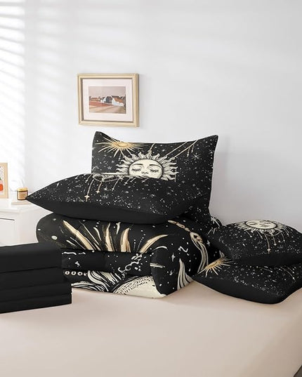 Feelyou 7Pcs Boho Star Moon Sun Comforter Sets King Size, Sun and Moon Decor Constellation Comforter Set Bed in a Bag(1 Comforter, 1 Flat Sheet 1 Fitted Sheet 2 Pillowcases and 2 Throw Pillow Covers)