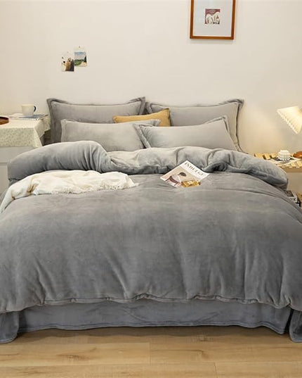 Houseri Grey Velvet Comforter Set Twin Fluffy Flannel Furry Bedding Sets Kids Fuzzy Comforter Plain Grey Sherpa Bedding Comforters Sets Twin