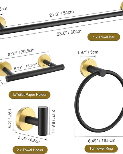 TURS Black and Gold 5 Piece Bathroom Hardware Set, SUS304 Stainless Steel Gold Black Towel Bar Set, 24 Inch Rould Bathroom Accessories Kit Wall Mounted