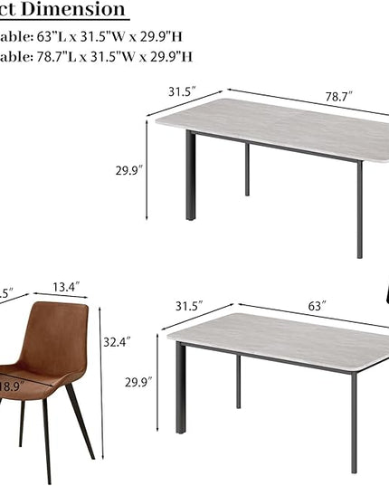 63"- 78.7" Extendable Dining Table with 6 Brown Dining Chairs, Modern Kitchen Table Set for 6, Thickened Expandable MDF Wooden Table with Metal Legs for Dining Room, Kitchen, Home
