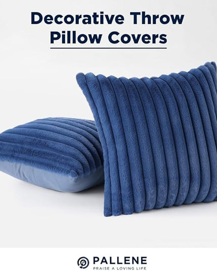 Pallene Faux Fur Plush Throw Pillow Covers 22x22 Set of 2, Luxury Soft Fluffy Striped Decorative Pillow Covers for Sofa, Couch, Living Room, Navy Blue