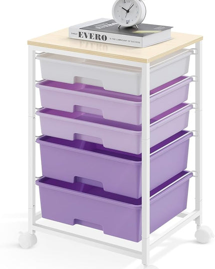 Utility Cart with 5 Drawers,Storage Drawer Cart with Wooden Tabletop and Lockable Wheels,Craft Storage Trolley Cart,5-Tier Rolling Utility Cart on Wheels,Purple