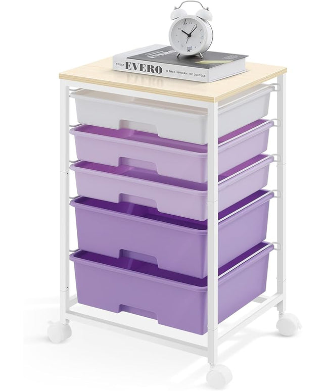 Utility Cart with 5 Drawers,Storage Drawer Cart with Wooden Tabletop and Lockable Wheels,Craft Storage Trolley Cart,5-Tier Rolling Utility Cart on Wheels,Purple