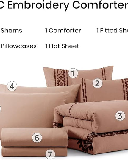 MaiRêve Embroidery Comforter Set, Boho Farmhouse Western Bedding Set, All Season Bed in A Bag Comforter Set with Sheets, Pillowcases & Shams, Dusty Pink King 7 Pieces