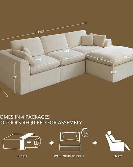 115''Cloud Sectional Couch, Modern L-Shape Sofa with Ottoman, Oversized Convertible 3 Seater Modular Couches for Living Room, Warm White