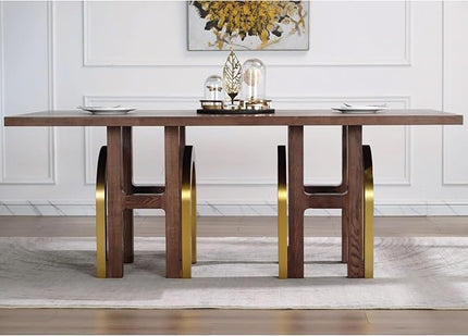 78" Solid Wood Dining Table for 6-8, Farmhouse Rectangular Wooden Dining Room Table with Rustic Brown Ash Wood & Brushed Gold Legs