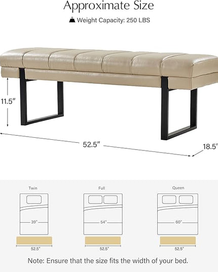 HULALA HOME 53" Faux Leather Entryway Bench, Button Tufted End of Bed Bench Ottoman for Bedroom, Living Room with Metal Base,Beige