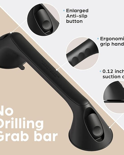 2 Pack 16 Inch Grab Bars for Bathtubs and Showers for Seniors, Heavy Duty Shower Handle for Elderly, Suction Cup Removable Handrails Handicap Bath Grip Bathroom Safety Grips （Black）