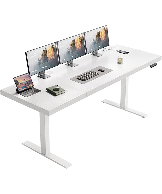 OffiGo Electric Standing Desk with 3-Piece Board, 71 Inch Height Adjustable Large Table with Power Outlets, Sit Stand Table, Writing Computer Desk for Home, Office, Workstation, White